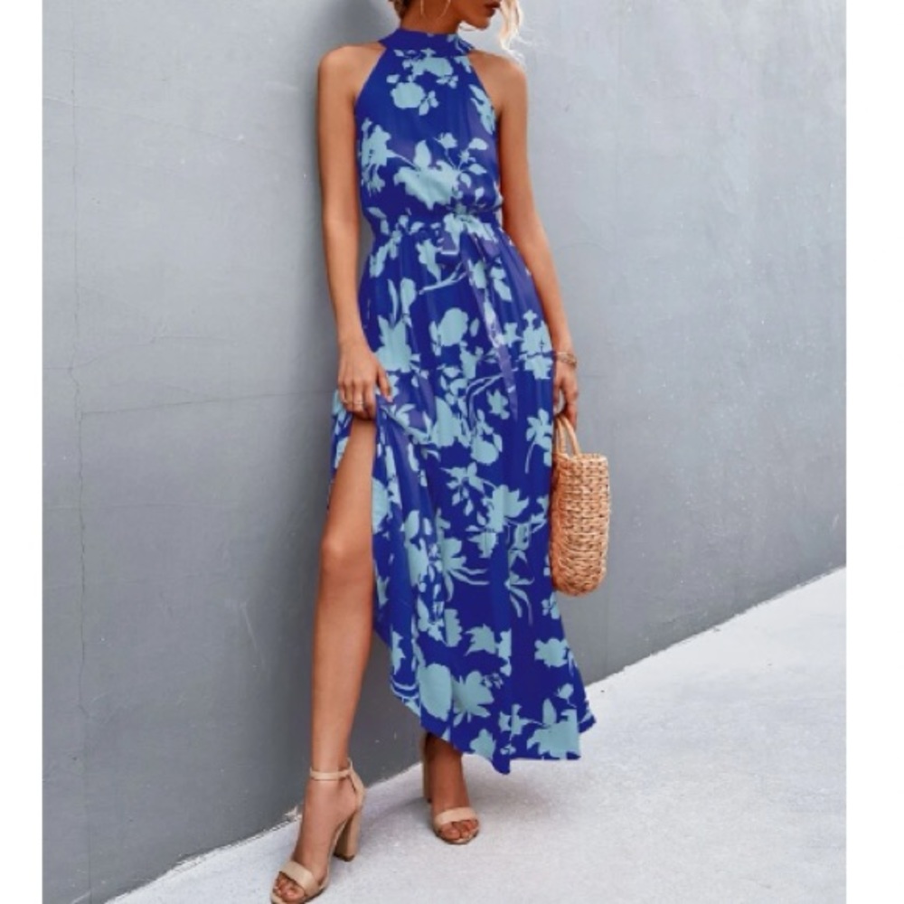 Boho blue floral print belted halter maxi dress - Picture 8 of 16